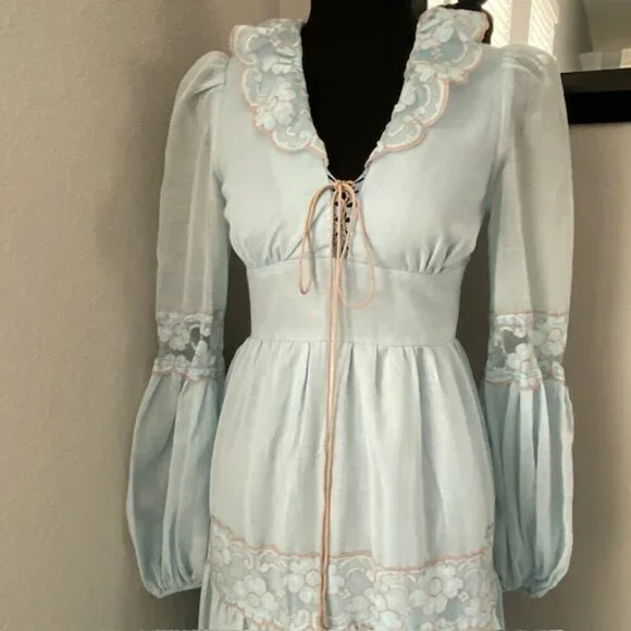 VINTAGE 70s Gunne Sax Blue Lace Long Maxi Prairie Boho Dress Sz XS - Picture 6 of 15